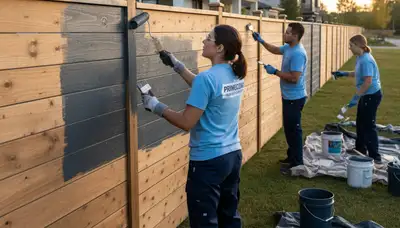 Professional fence painters applying UV-resistant coating in Scottsdale, AZ desert conditions