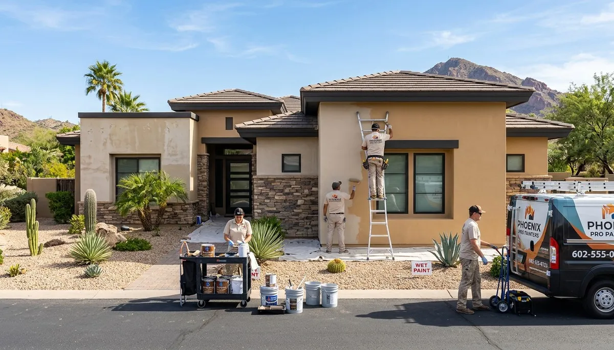 Professional house painters working on a Scottsdale AZ home exterior repainting project